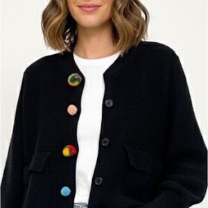 Black Knit Sweater Boxy Fit Balloon Sleeves Pom Buttons S/M